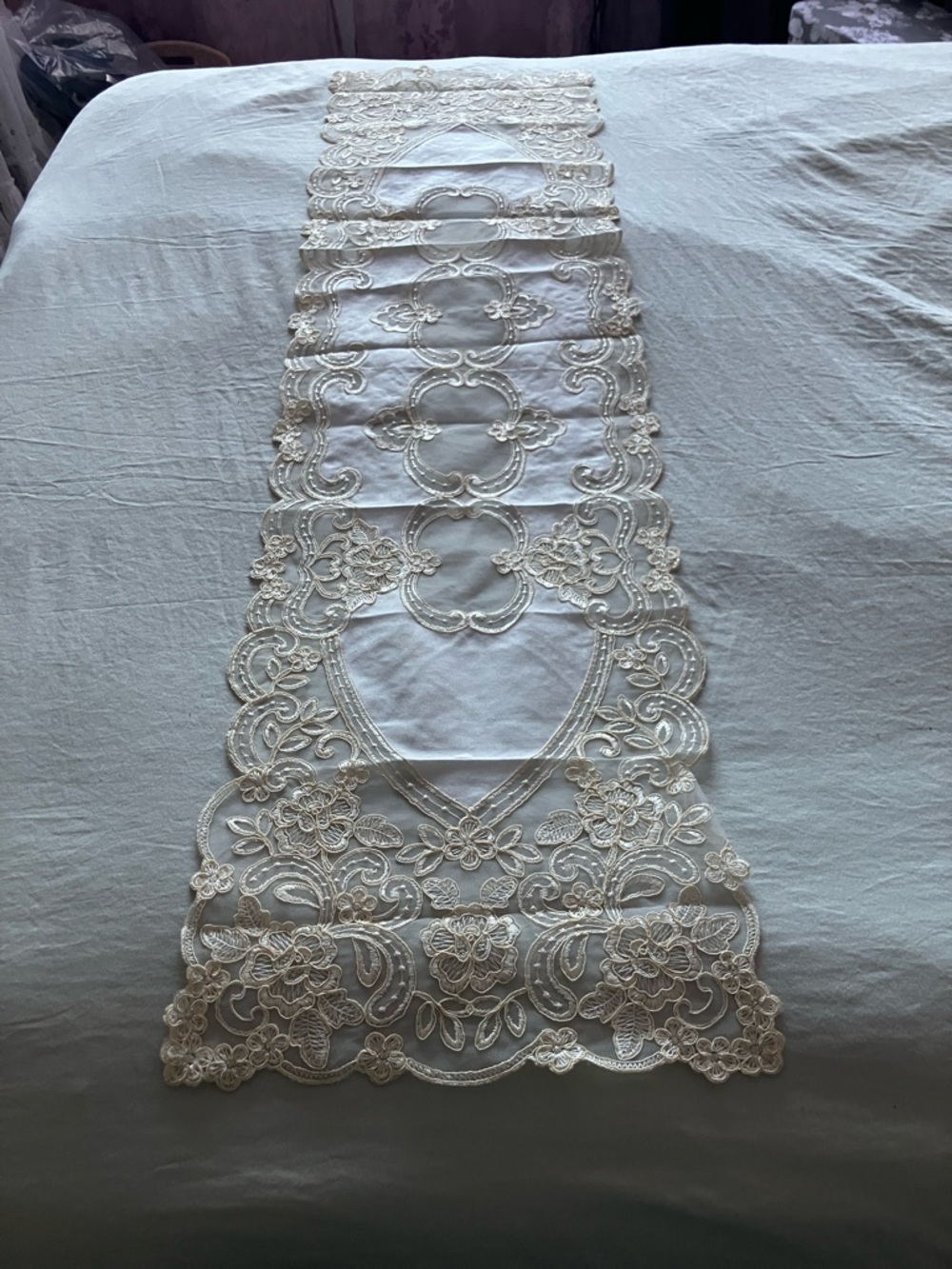 Embroidered Lace Table Runner in Ivory
